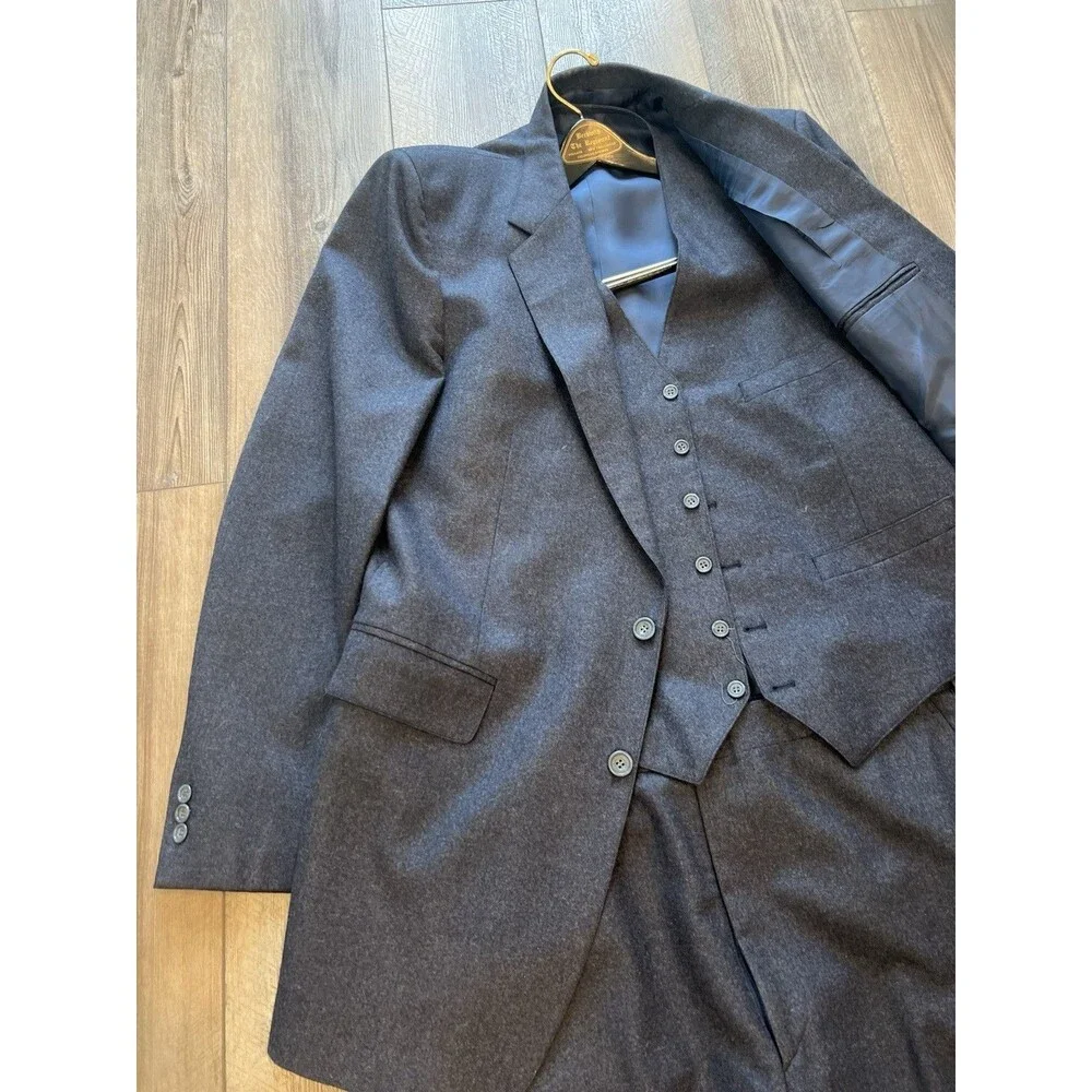 Vintage Beckwith Custom 3pc Suit Mens Charcoal Grey Wool Flannel, L 42R 34”x32”